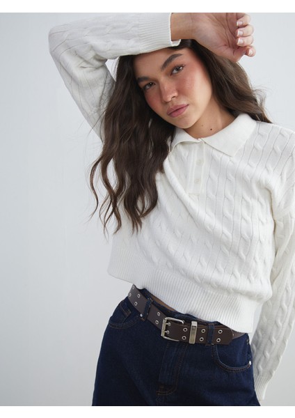 Yeni Sezon Polo Yaka Kendinden Desenli Kadın Triko Kazak