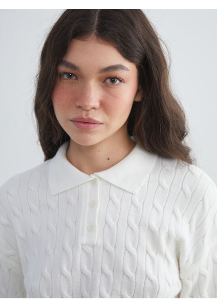 Yeni Sezon Polo Yaka Kendinden Desenli Kadın Triko Kazak modelleri