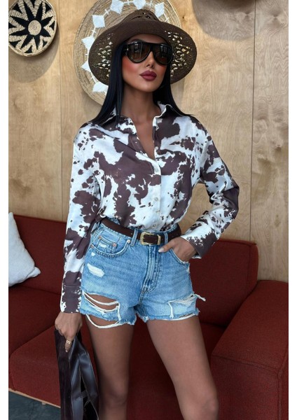 Batik Desenli Chanel Saten Gömlek -Kahverengi