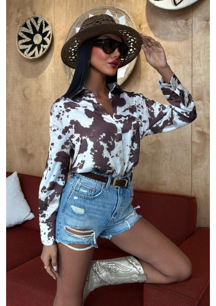 Batik Desenli Chanel Saten Gömlek -Kahverengi modelleri
