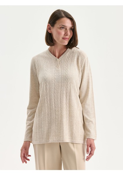 Yeni Sezon V Yaka Kendinden Desenli Kadın Triko Kazak