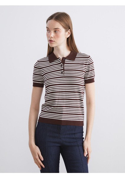 Yeni Sezon Polo Yaka Çizgili Kadın Triko Kazak