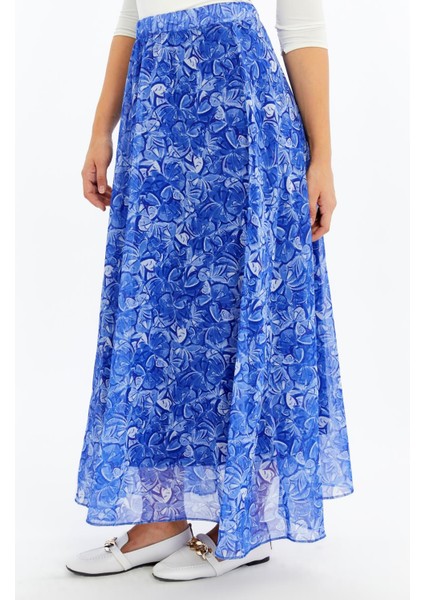 Kadın Mavi Çiçek Desenli Astarlı Şifon Uzun Boy Dokuma Etek 2201/95