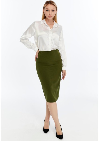 Kadın Haki Beli Lastikli Mevsimlik Yırtmaç Detaylı Etek Ofis 1903-70