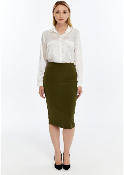 Kadın Haki Beli Lastikli Mevsimlik Yırtmaç Detaylı Etek Ofis 1903-70