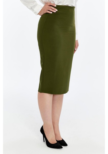 Kadın Haki Beli Lastikli Mevsimlik Yırtmaç Detaylı Etek Ofis 1903-70