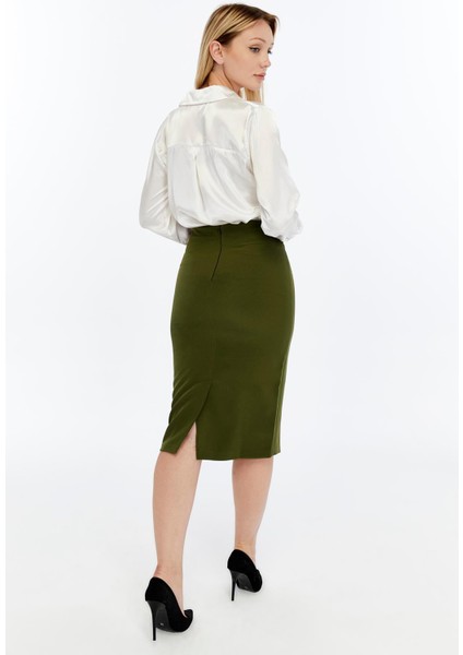 Kadın Haki Beli Lastikli Mevsimlik Yırtmaç Detaylı Etek Ofis 1903-70