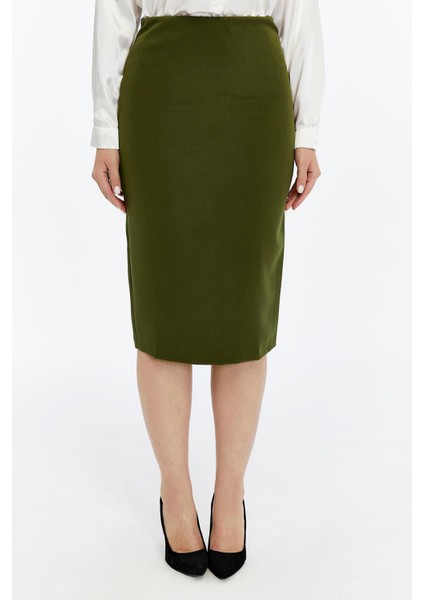 Kadın Haki Beli Lastikli Mevsimlik Yırtmaç Detaylı Etek Ofis 1903-70
