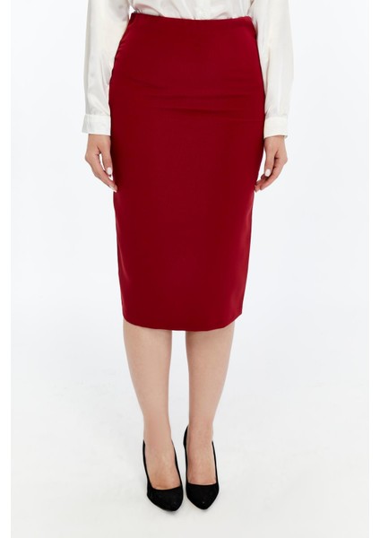 Kadın Bordo Beli Lastikli Mevsimlik Yırtmaç Detaylı Ofis Etek 1903-70