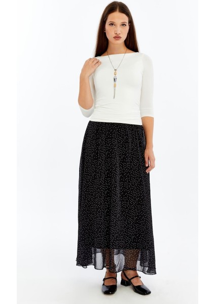 Kadın Siyah Puantiyeli Astarlı Şifon Uzun Boy Dokuma Etek 2201-95