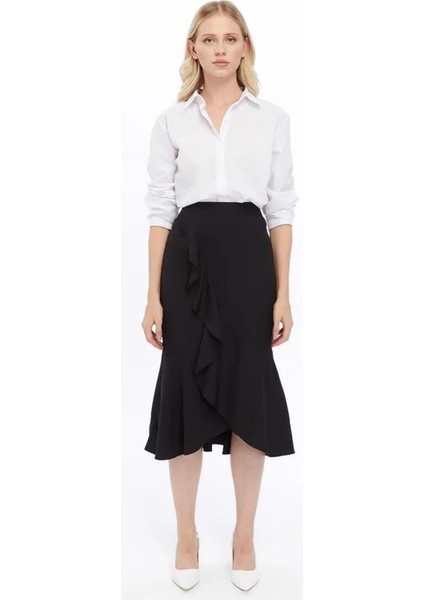 Kadın Siyah Mevsimlik Volanlı Midi Boy Krep Etek 2123-80