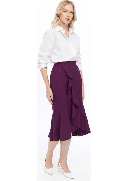 Kadın Mor Mevsimlik Volanlı Midi Boy Krep Etek 2123-80