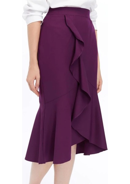 Kadın Mor Mevsimlik Volanlı Midi Boy Krep Etek 2123-80