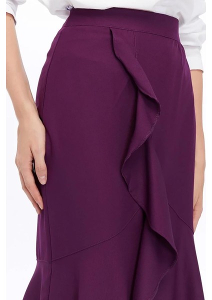 Kadın Mor Mevsimlik Volanlı Midi Boy Krep Etek 2123-80