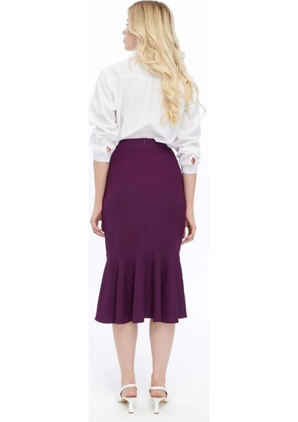 Kadın Mor Mevsimlik Volanlı Midi Boy Krep Etek 2123-80