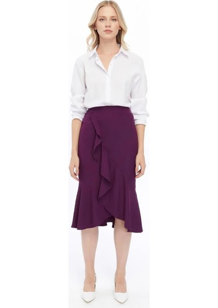 Kadın Mor Mevsimlik Volanlı Midi Boy Krep Etek 2123-80