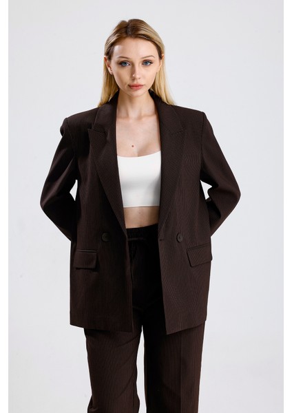 Kadın Çift Düğmeli Çizgili Blazer Ceket modelleri