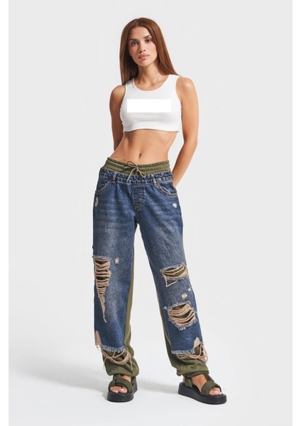 Kadın Tint Haki Lazer Detaylı Skater Jogger Fit Denim Jogger Kot Pantolon Baggy Model