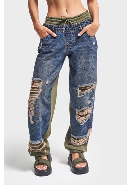 Kadın Tint Haki Lazer Detaylı Skater Jogger Fit Denim Jogger Kot Pantolon Baggy Model fiyatları