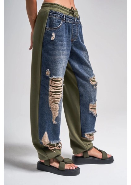 Kadın Tint Haki Lazer Detaylı Skater Jogger Fit Denim Jogger Kot Pantolon Baggy Model modelleri