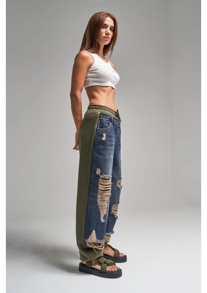 Kadın Tint Haki Lazer Detaylı Skater Jogger Fit Denim Jogger Kot Pantolon Baggy Model indirimleri