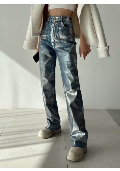 Gümüş Varaklı Palazzo Kot Pantolon Jeans