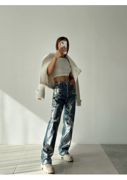 Gümüş Varaklı Palazzo Kot Pantolon Jeans fiyatları