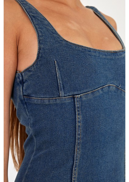 Arkadan Yırtmaçlı Fermuarlı Kalın Asklı Kot Elbise Denim Elbise fiyatları