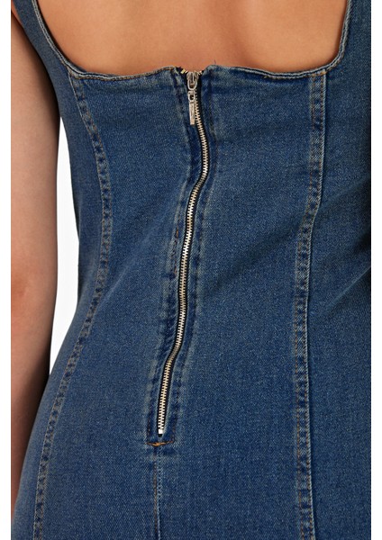 Arkadan Yırtmaçlı Fermuarlı Kalın Asklı Kot Elbise Denim Elbise modelleri