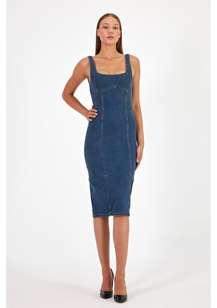 Arkadan Yırtmaçlı Fermuarlı Kalın Asklı Kot Elbise Denim Elbise
