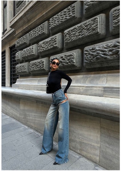 Gümüş Varaklı Palazzo Kot Pantolon Jeans