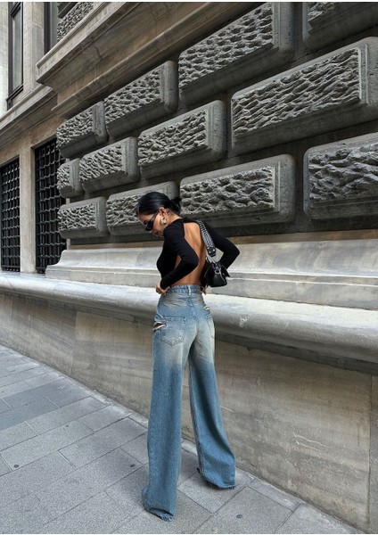 Gümüş Varaklı Palazzo Kot Pantolon Jeans