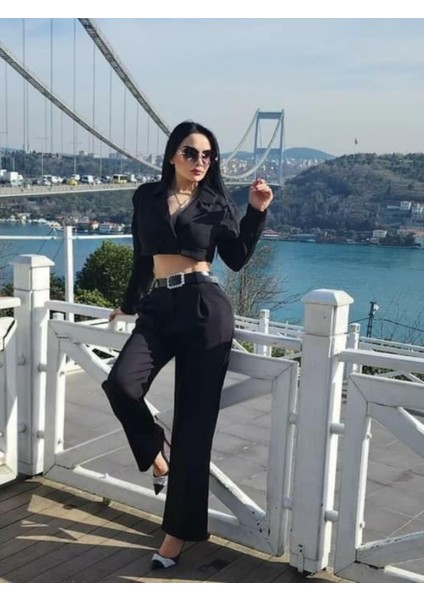 Siyah Crop Ceket Pantolon Takımı fiyatları