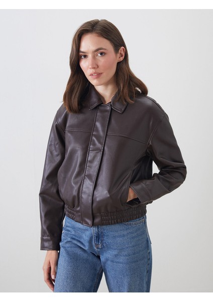 Yeni Sezon Gömlek Yaka Kadın Deri Görünümlü Ceket fiyatları