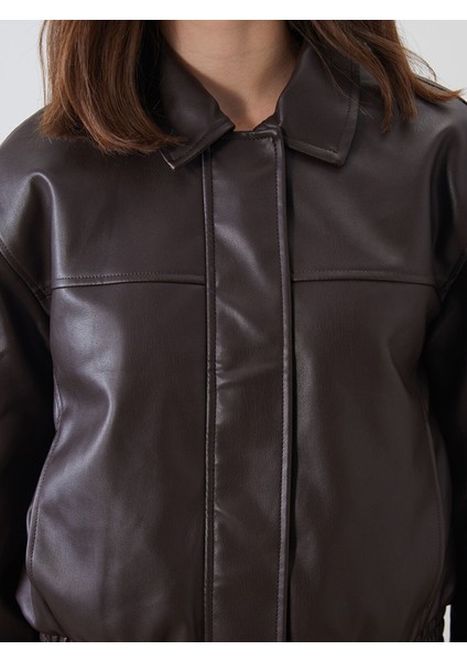 Yeni Sezon Gömlek Yaka Kadın Deri Görünümlü Ceket modelleri