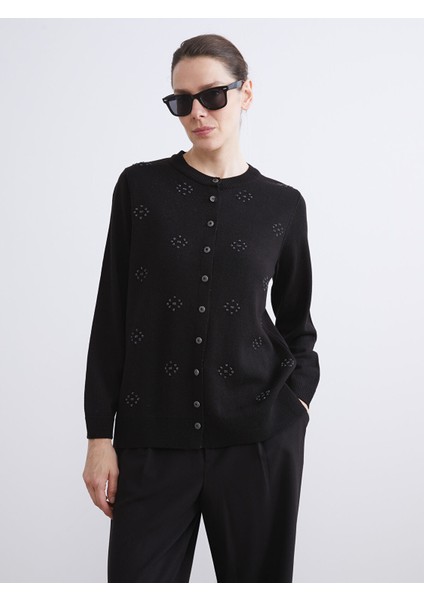 Yeni Sezon Bisiklet Yaka Taşlı Kadın Triko Hırka