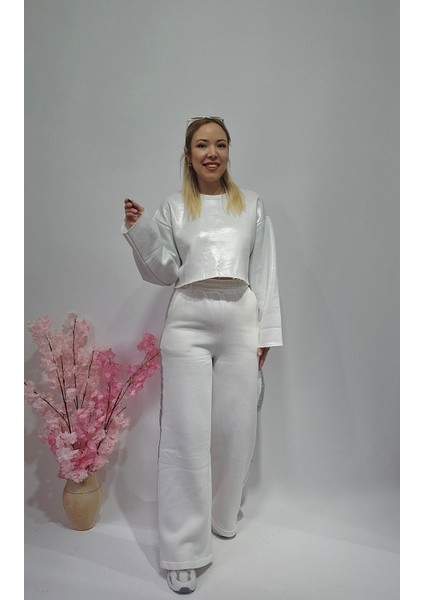 Yeni Sezon Beyaz Varaklı Crop Sweatshirt - Pantolon Eşofman Alt Üst Takım