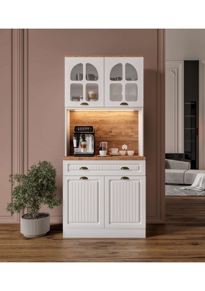 Efes Kahve Köşesi - 93 cm Mdf, LED Aydınlatmalı, Çok Amaçlı Mutfak ve Airfryer Dolabı (Ofis ve Ev)