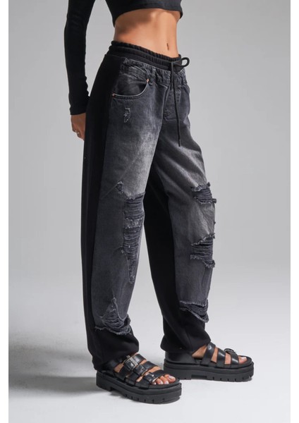 Kadın Tint Haki Lazer Detaylı Skater Jogger Fit Denim Jogger Kot Pantolon Baggy Model