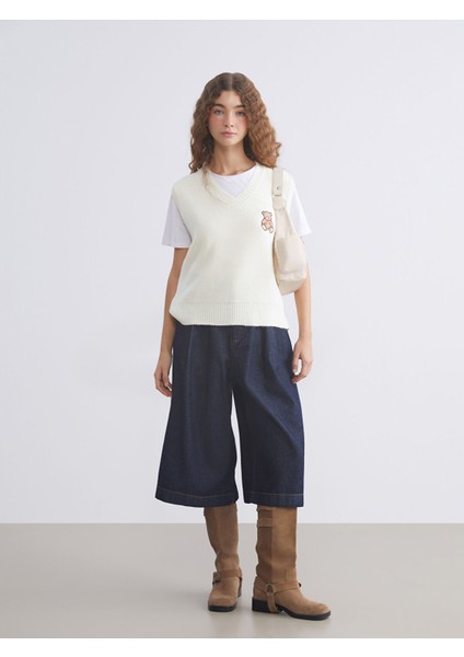 Yeni Sezon V Yaka Ayı Nakışlı Kadın Triko Süveter fiyatları