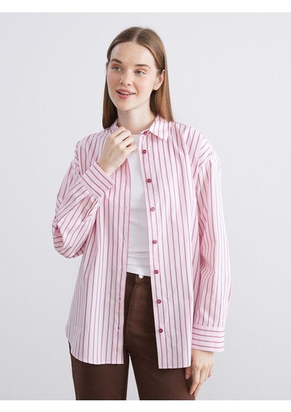Yeni Sezon Çizgili Oversize Poplin Kadın Gömlek