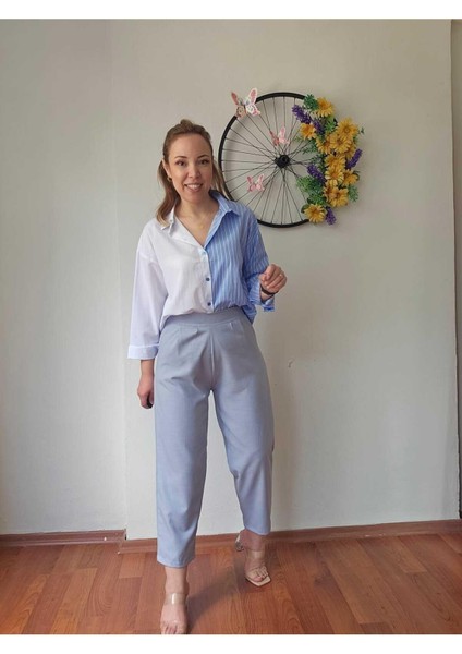 Yüksek Bel Beli Lastikli Likralı Keten Haki Yeşil Renk Kadın Şalvar Pantolon