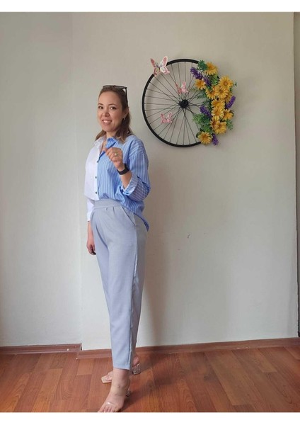 Yüksek Bel Beli Lastikli Likralı Keten Haki Yeşil Renk Kadın Şalvar Pantolon modelleri