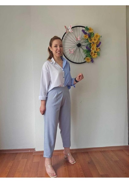 Yüksek Bel Beli Lastikli Likralı Keten Haki Yeşil Renk Kadın Şalvar Pantolon fırsatları