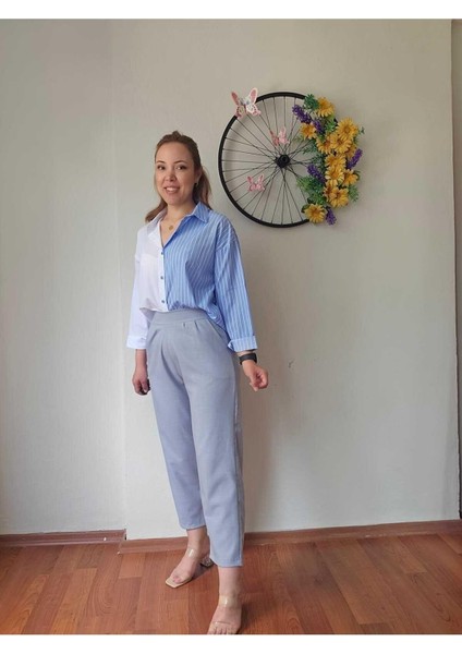 Yüksek Bel Beli Lastikli Likralı Keten Haki Yeşil Renk Kadın Şalvar Pantolon indirimleri