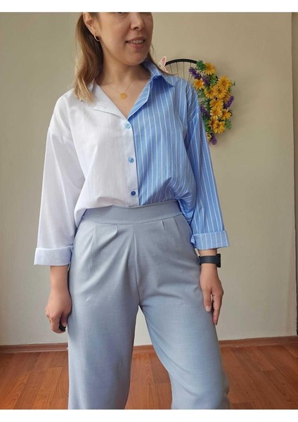 Yüksek Bel Beli Lastikli Likralı Keten Haki Yeşil Renk Kadın Şalvar Pantolon