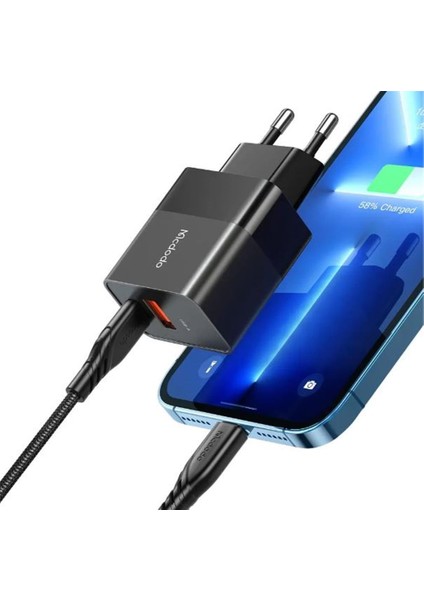 CH-1952 20W 1xType-C ve 1xUsb Girişli Şarj Adaptörü + Type-C To iPhone Kablo - Siyah