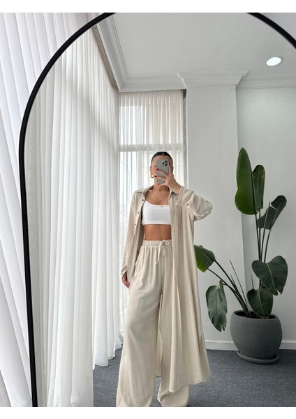 Kimono Takın Uzun Maxi Boy Gömlek Pantolonlu Takım