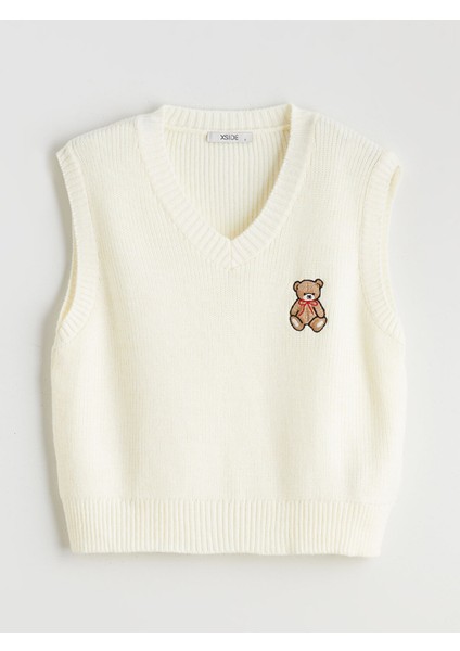 Yeni Sezon V Yaka Ayı Nakışlı Kadın Triko Süveter indirimleri