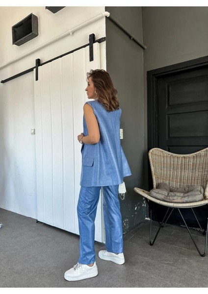 Kumaş Takım Keten Kaplama Yelek Pantolon Takım Mavi fırsatları